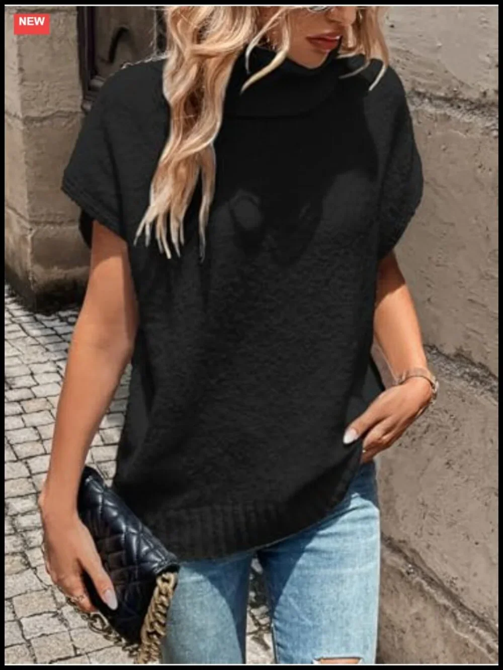 Women's Turtleneck Cap Sleeve Sweater Vest Pullover Oversized Knit Top
